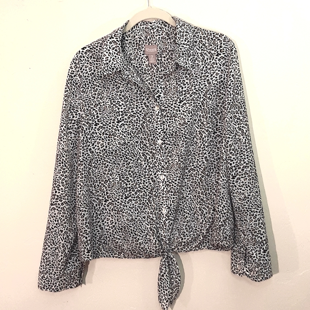 Chico's Women's Button Tab Sleeve Tie Front Blouse Animal Print Size 2(LG-12)
